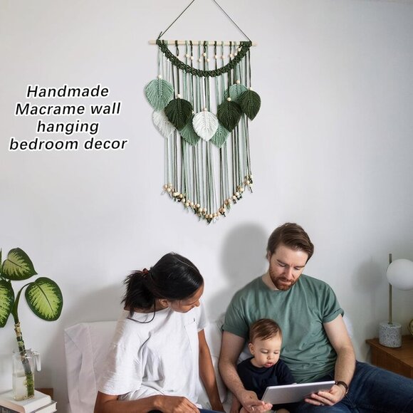 Macrame Wall Hanging -Handmade Sage Green Leaf Wall Tapestry,Boho Decorations fo - Picture 5 of 6